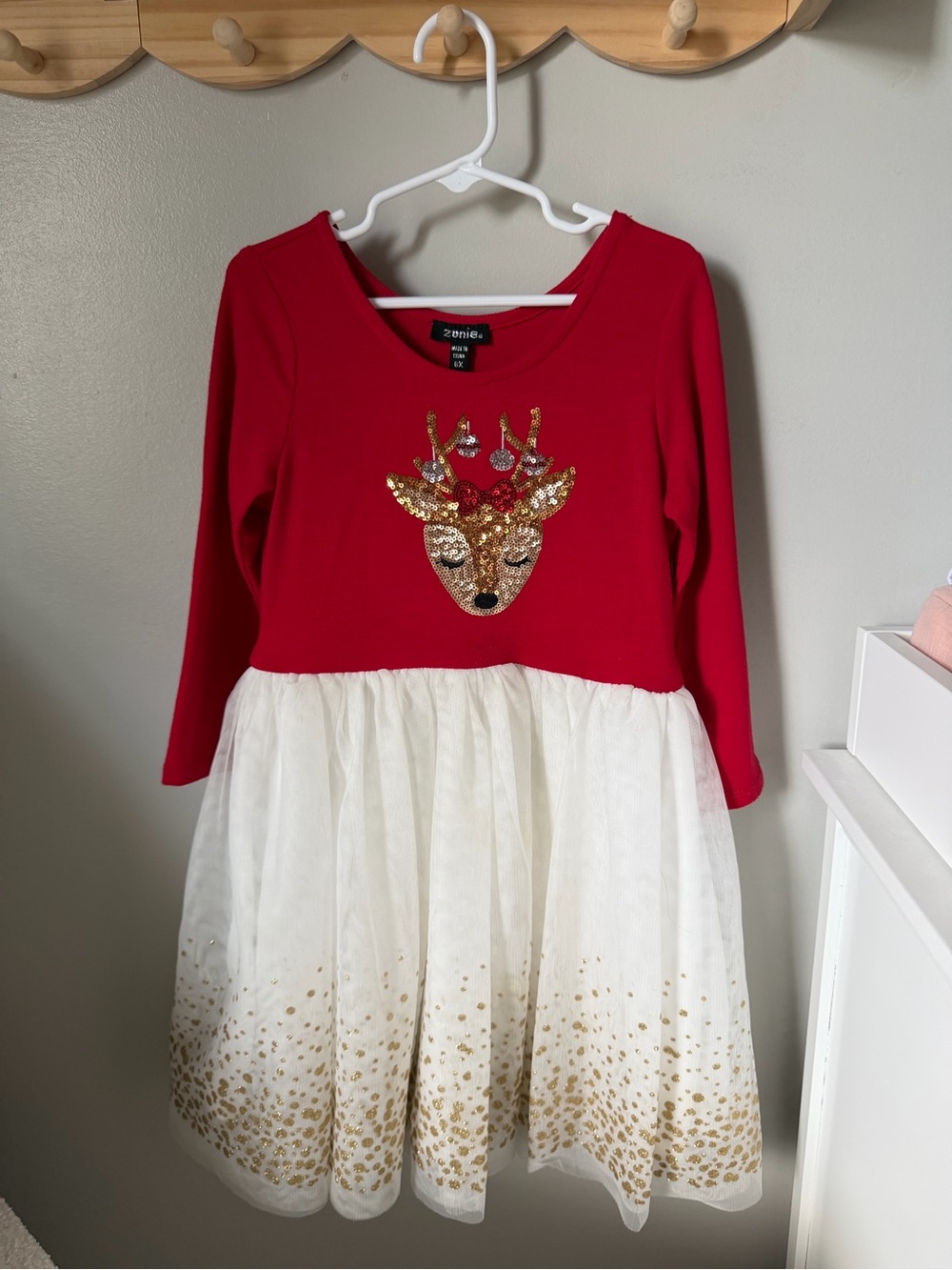 Zunie Girls Size 6X Red White Gold Reindeer Sequin Tulle Fit & Flare Dress
